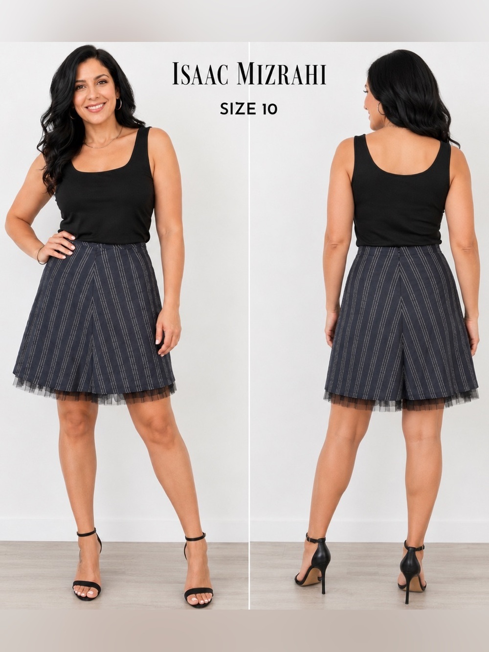 Isaac Mizrahi Striped A-Line black Skirt with Tulle Trim Size 10
